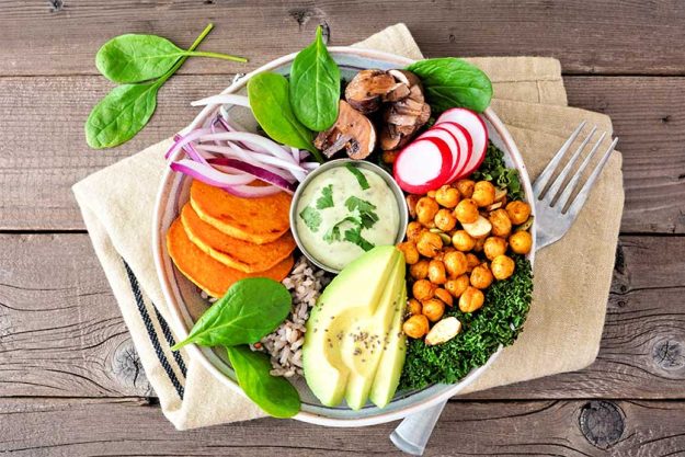 Healthy vegan lunch bowl with avocado, sweet potato Healthy vegan lunch bowl with avocado, sweet potato