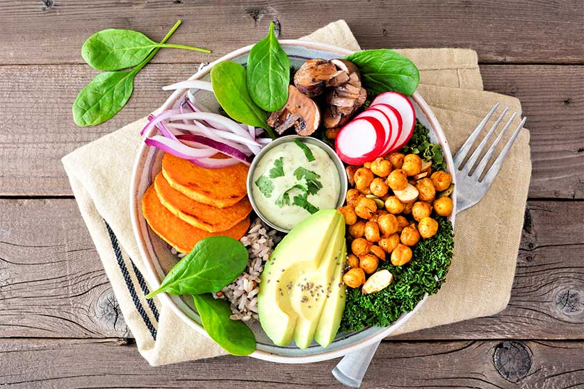 Healthy vegan lunch bowl with avocado, sweet potato Healthy vegan lunch bowl with avocado, sweet potato