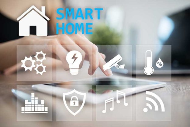 smart home digital interface on virtual screen internet and automation technology concept