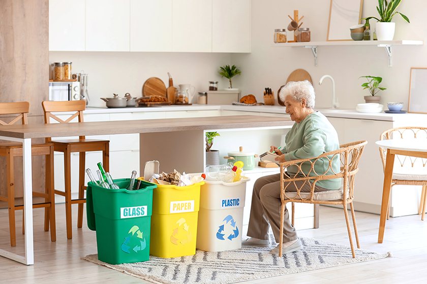 senior woman garbage bins writing notebook kitchen senior woman garbage bins writing notebook kitchen